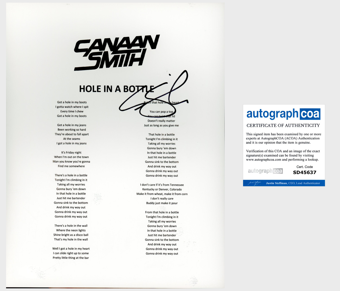 CANAAN SMITH SIGNED AUTOGRAPH HOLE IN A BOTTLE LYRIC SHEET w/EXACT PROOF
