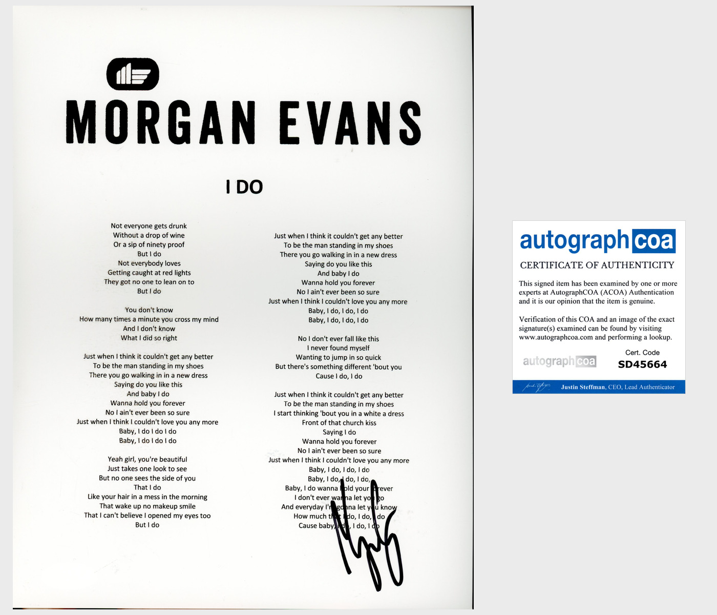 MORGAN EVANS SIGNED AUTOGRAPH I DO LYRICS SHEET w/EXACT PROOF

