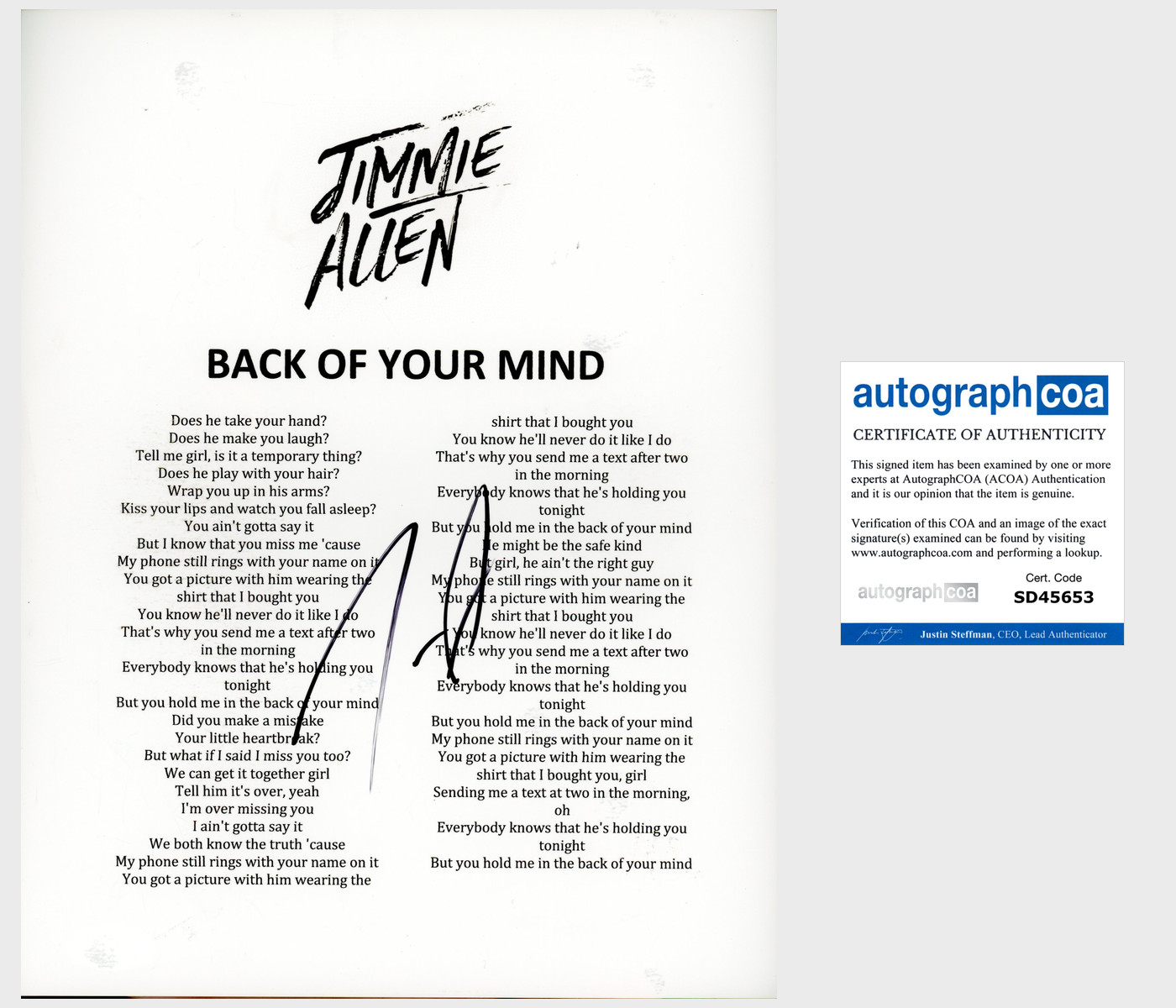 JIMMIE ALLEN SIGNED AUTOGRAPH BACK OF YOUR MIND LYRICS SHEET w/EXACT PROOF
