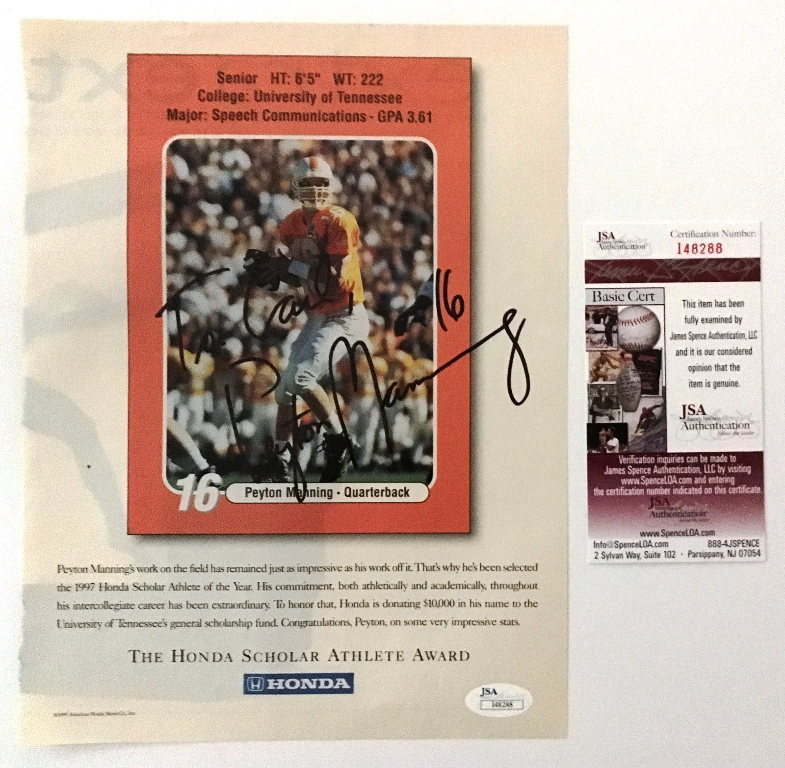 Peyton Manning Signed Autographed Magazine Page JSA Vintage College Signature
