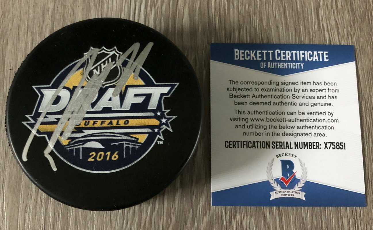 PATRIK LAINE WINNIPEG JETS SIGNED 2016 NHL DRAFT PUCK B wEXACT PROOF BECKETT COA
