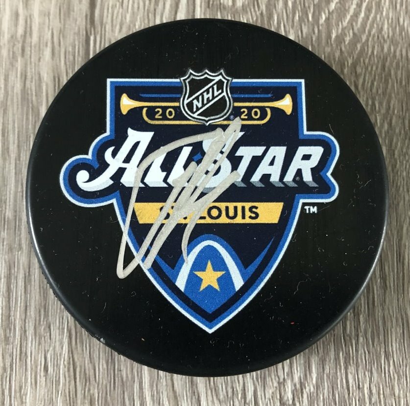 BRADY TKACHUK CALGARY FLAMES SIGNED 2020 NHL ALL STAR GAME PUCK A w/PROOF
