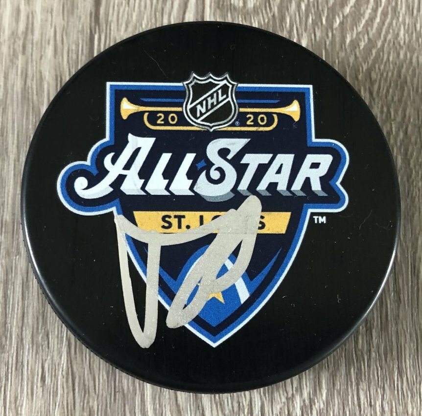 BRADY TKACHUK CALGARY FLAMES SIGNED 2020 NHL ALL STAR GAME PUCK C w/PROOF
