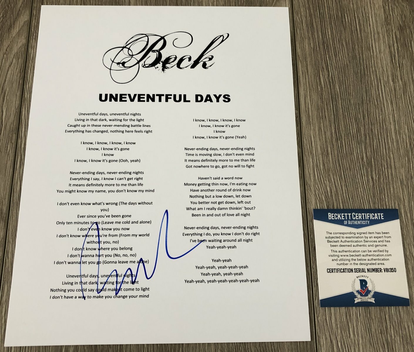 BECK HANSEN SIGNED AUTOGRAPH UNEVENTFUL DAYS LYRICS SHEET wPROOF BECKETT BAS COA
