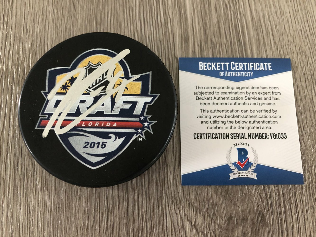 KYLE CONNOR WINNIPEG JETS SIGNED 2015 DRAFT PUCK w/PROOF & BECKETT BAS COA

