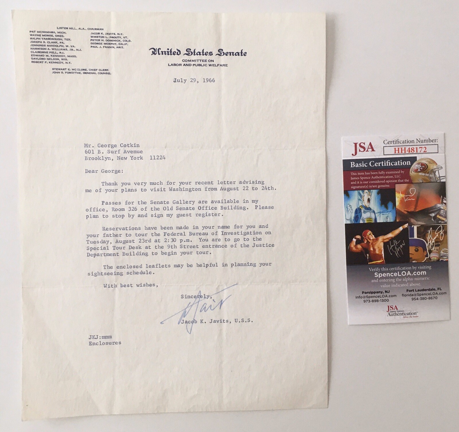 Jacob Javits Autographed Typed Letter Signed JSA Certified New York Senator

