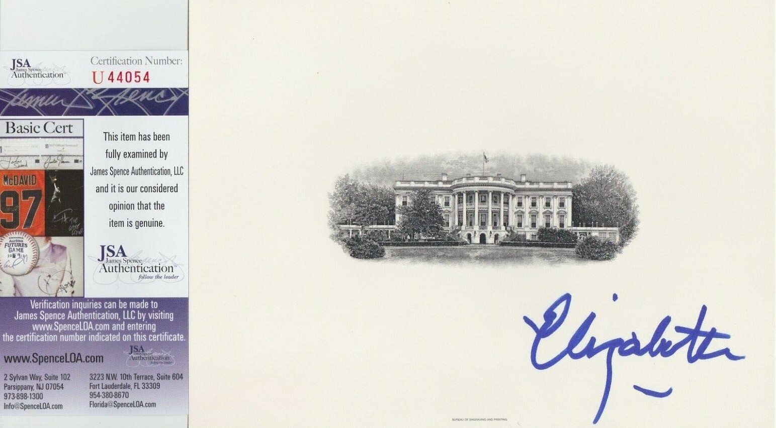 Elizabeth Warren Signed BEP White House Engraving JSA COA #U44054 Senator