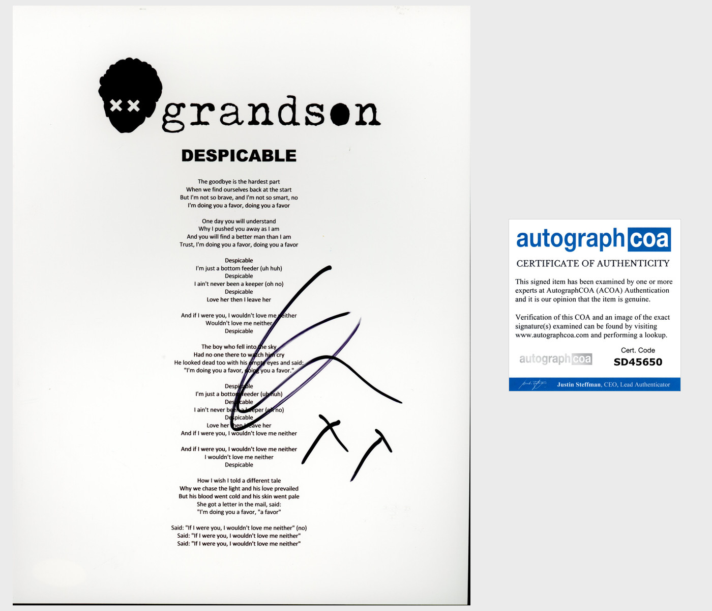 GRANDSON JORDAN BENJAMIN SIGNED AUTOGRAPH DESPICABLE LYRICS SHEET w/EXACT PROOF
