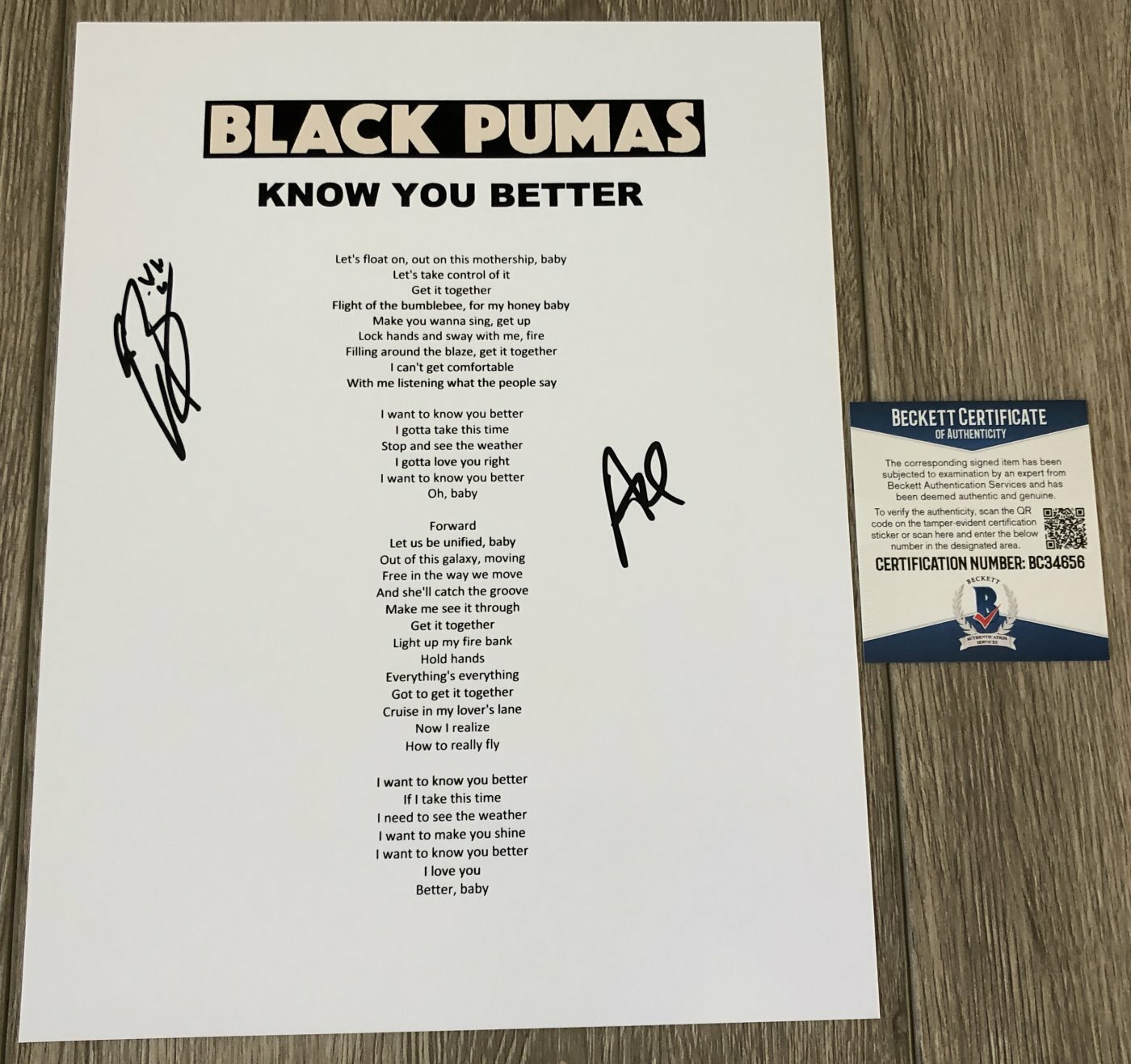 THE BLACK PUMAS SIGNED AUTOGRAPH KNOW YOU BETTER LYRICS SHEET & BECKETT BAS COA
