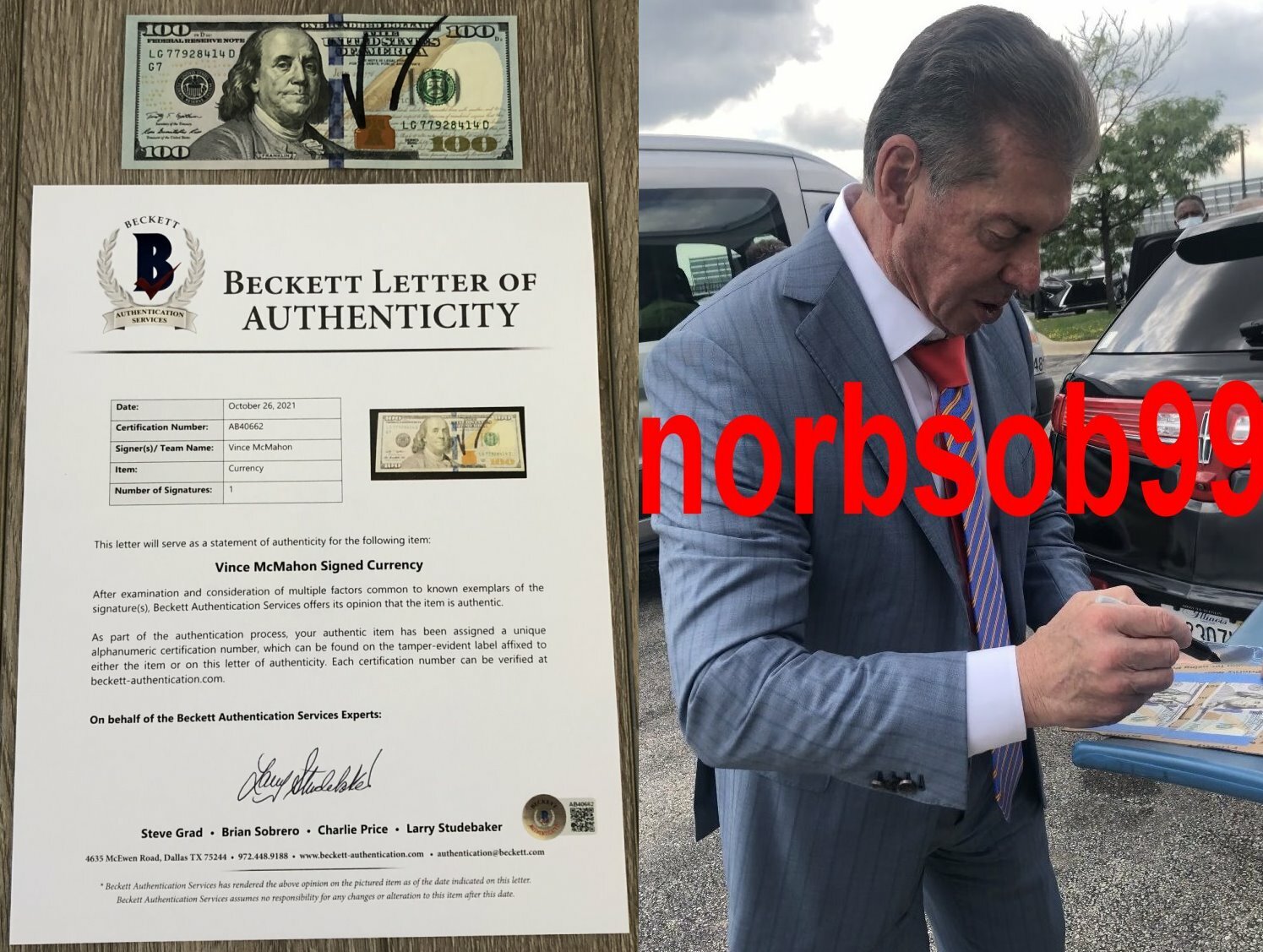 VINCE MCMAHON WWE WWF SIGNED $100 DOLLAR BILL W/EXACT PROOF & BECKETT BAS COA COLLECTIBLE MEMORABILIA