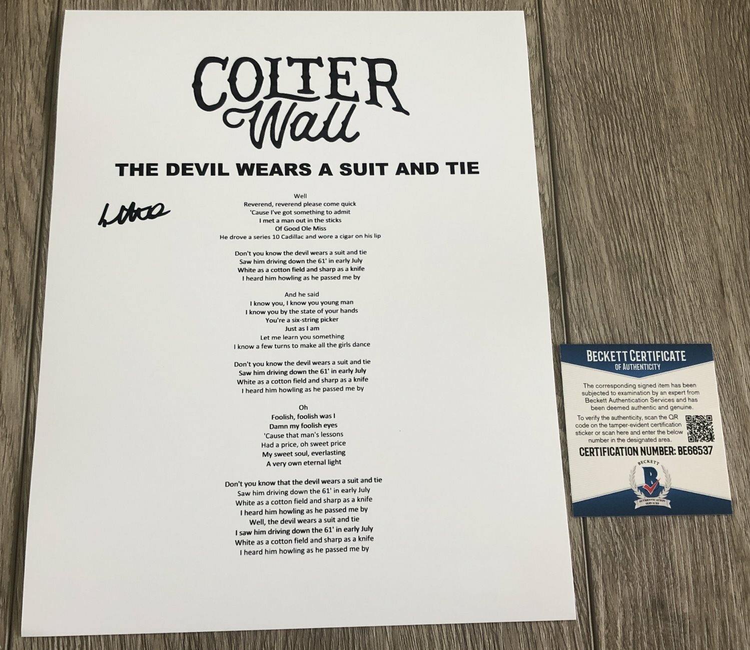 COLTER WALL SIGNED THE DEVIL WEARS A SUIT AND TIE LYRICS SHEET w/EXACT PROOF COA
