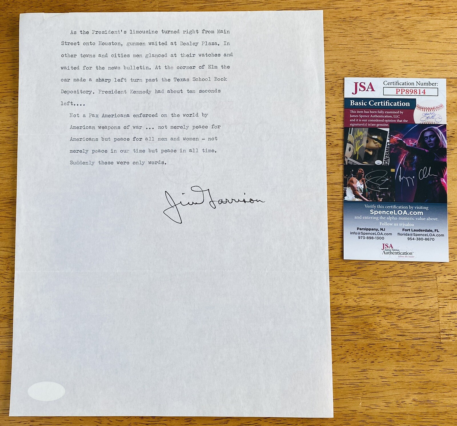 Jim Garrison Signed Autographed 8.5 x 11 Typescript JSA Cert JFK Assassination
