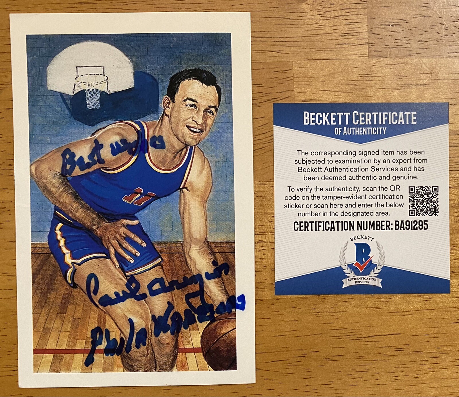 Paul Arizin Signed Autographed Ron Lewis HOF Postcard Beckett BAS Cert
