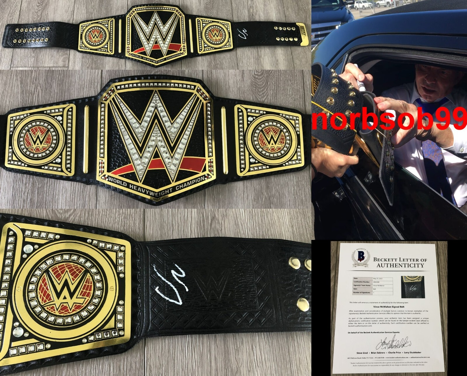 VINCE MCMAHON SIGNED WWF WWE CHAMPIONSHIP LEATHER BELT W/EXACT PROOF BECKETT COA COLLECTIBLE MEMORABILIA