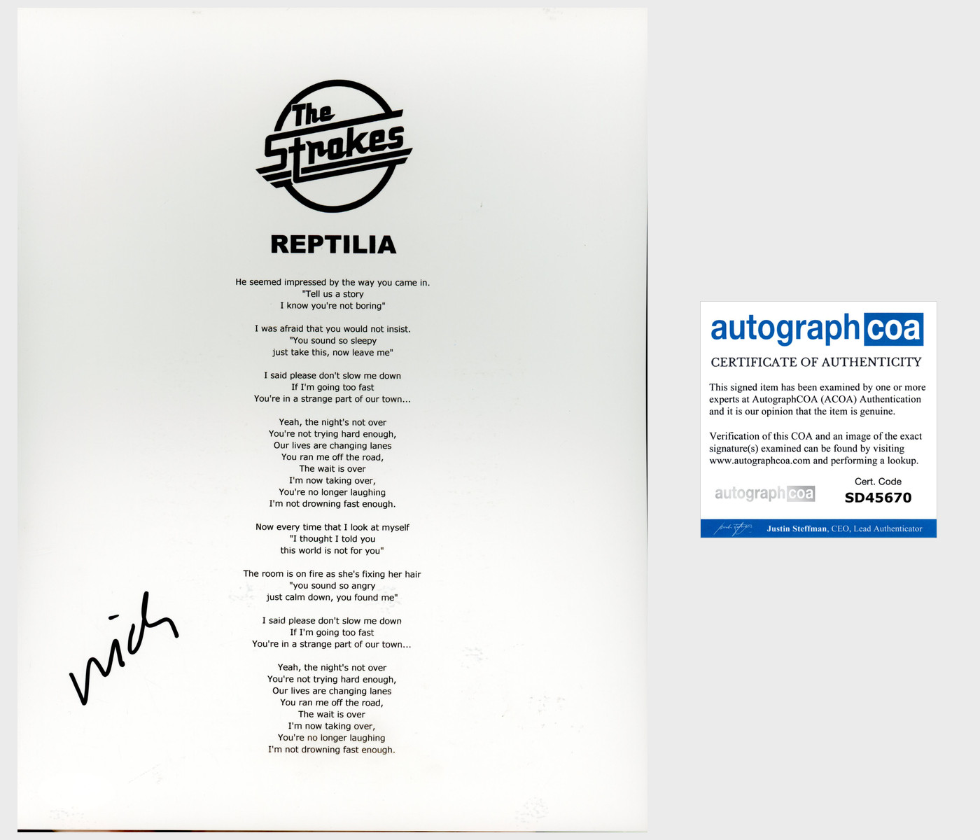 NICK VALENSI CRX SIGNED AUTOGRAPH THE STROKES REPTILIA LYRICS SHEET wEXACT PROOF
