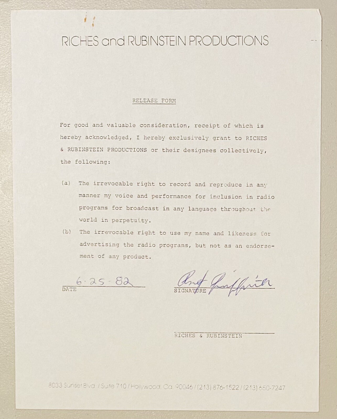 Andy Griffith Signed Autographed 1982 Contract Full JSA Letter Show
