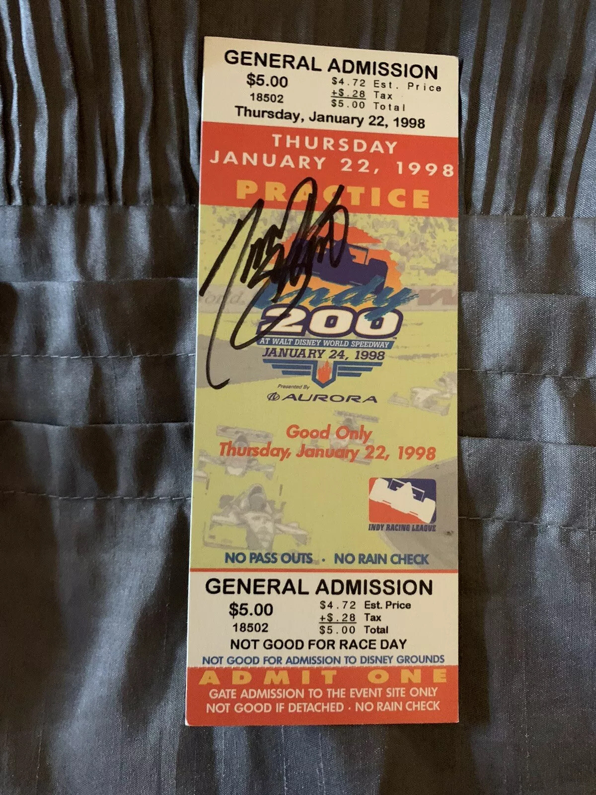 1998 WINNER TONY STEWART SIGNED TICKET STUB INDY CAR RACING IRL WALT DISNEY 200 COLLECTIBLE MEMORABILIA