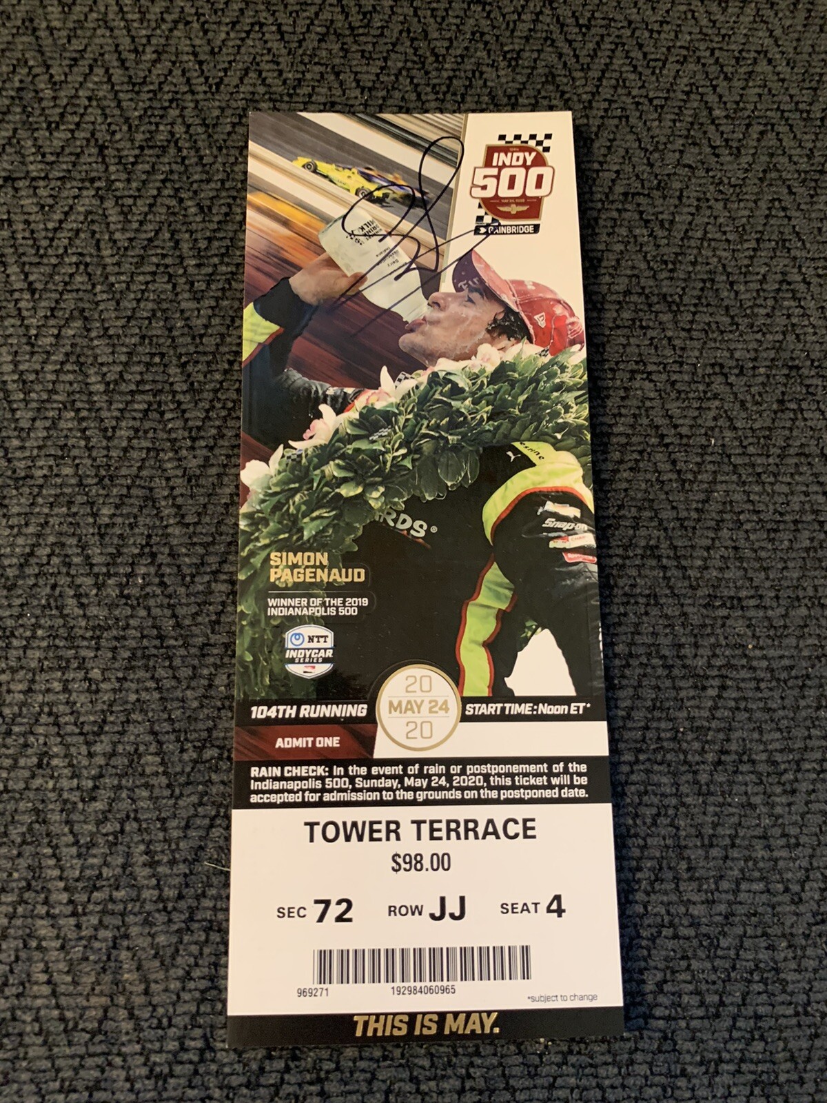 2020 Indy 500 Simon Pagenaud Signed Ticket (2019 Indy Winner) May Version
