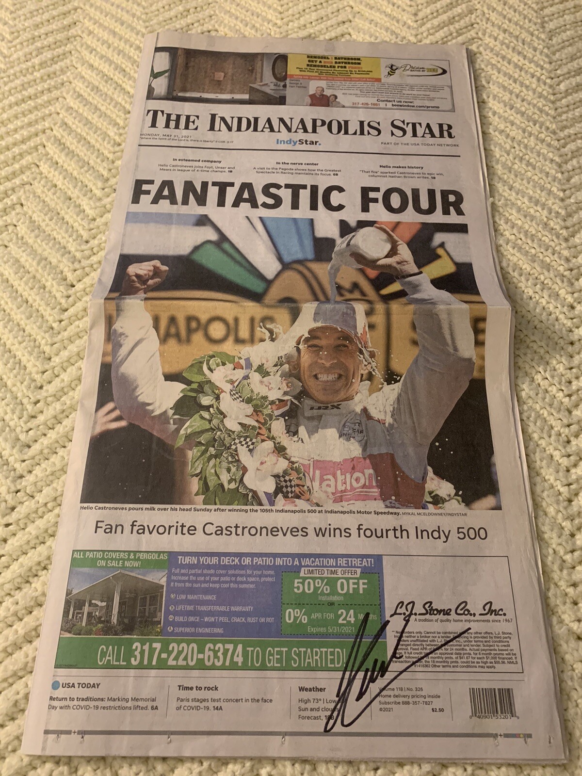 Indy 500 Winner Helio Castroneves Signed Newspaper Indianapolis Star 2021 Auto
