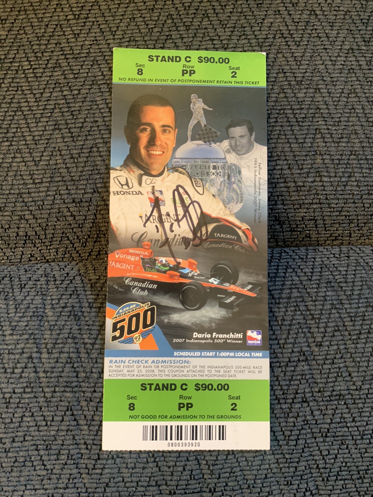 Dario Franchitti (2007 Winner) Signed Indianapolis Indy 500 Ticket 2008 Race
