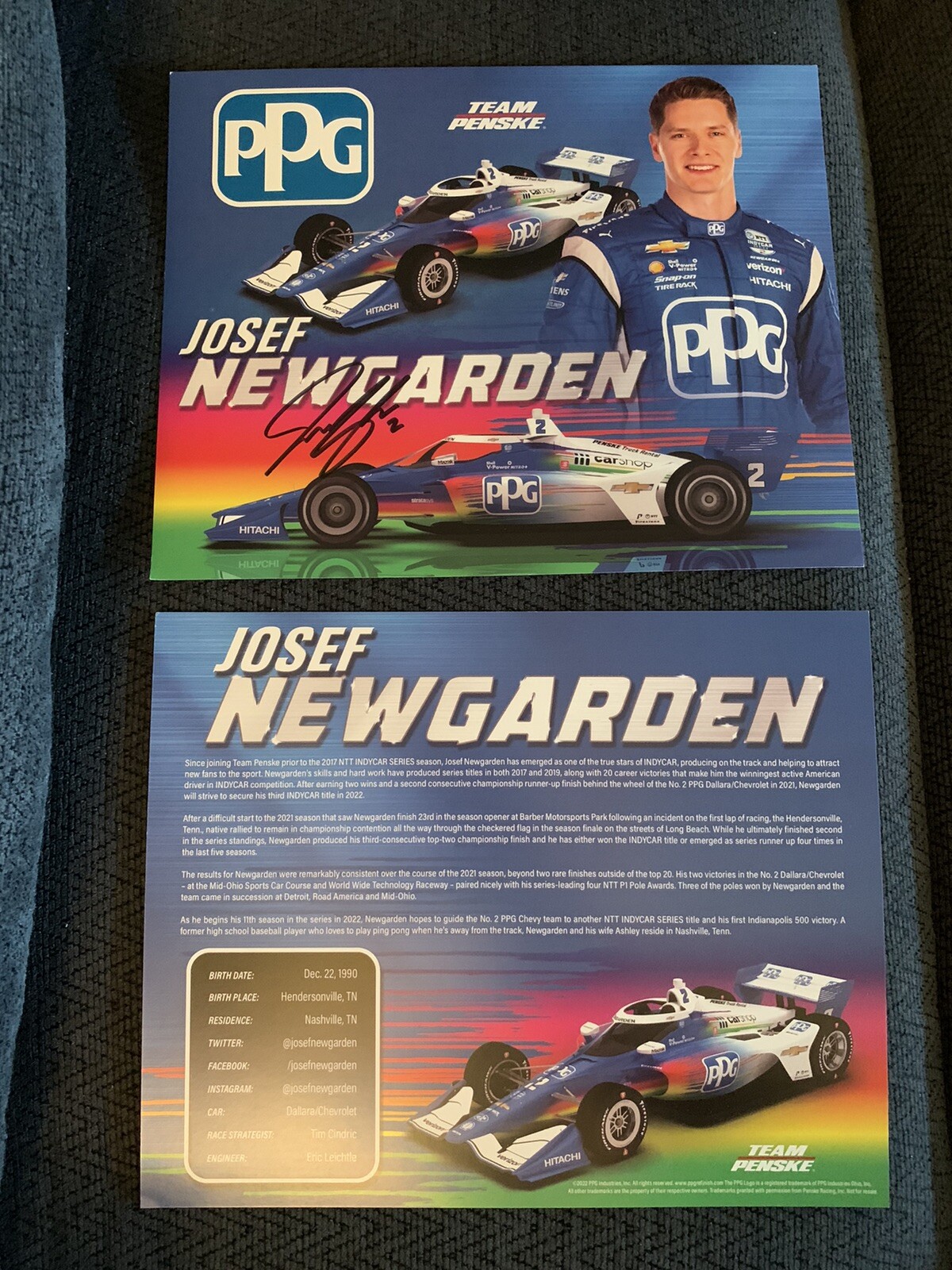 Josef Newgarden Indianapolis Indy 500 Signed Car Promo Card Autographed 2022
