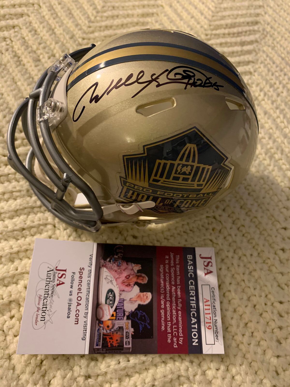 New ListingWill Shields Signed Gold Hall Of Fame Mini Helmet JSA Authentication COA
