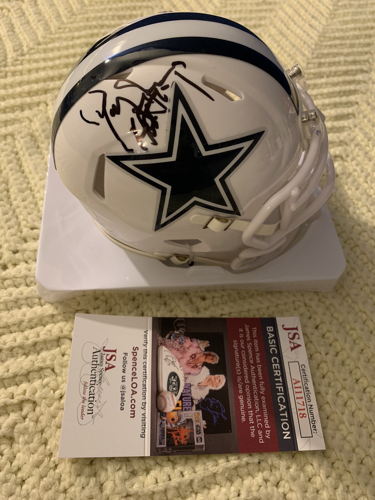 New ListingJerry Jones Signed Dallas Cowboys Mini Helmet JSA Authentication COA Stats
