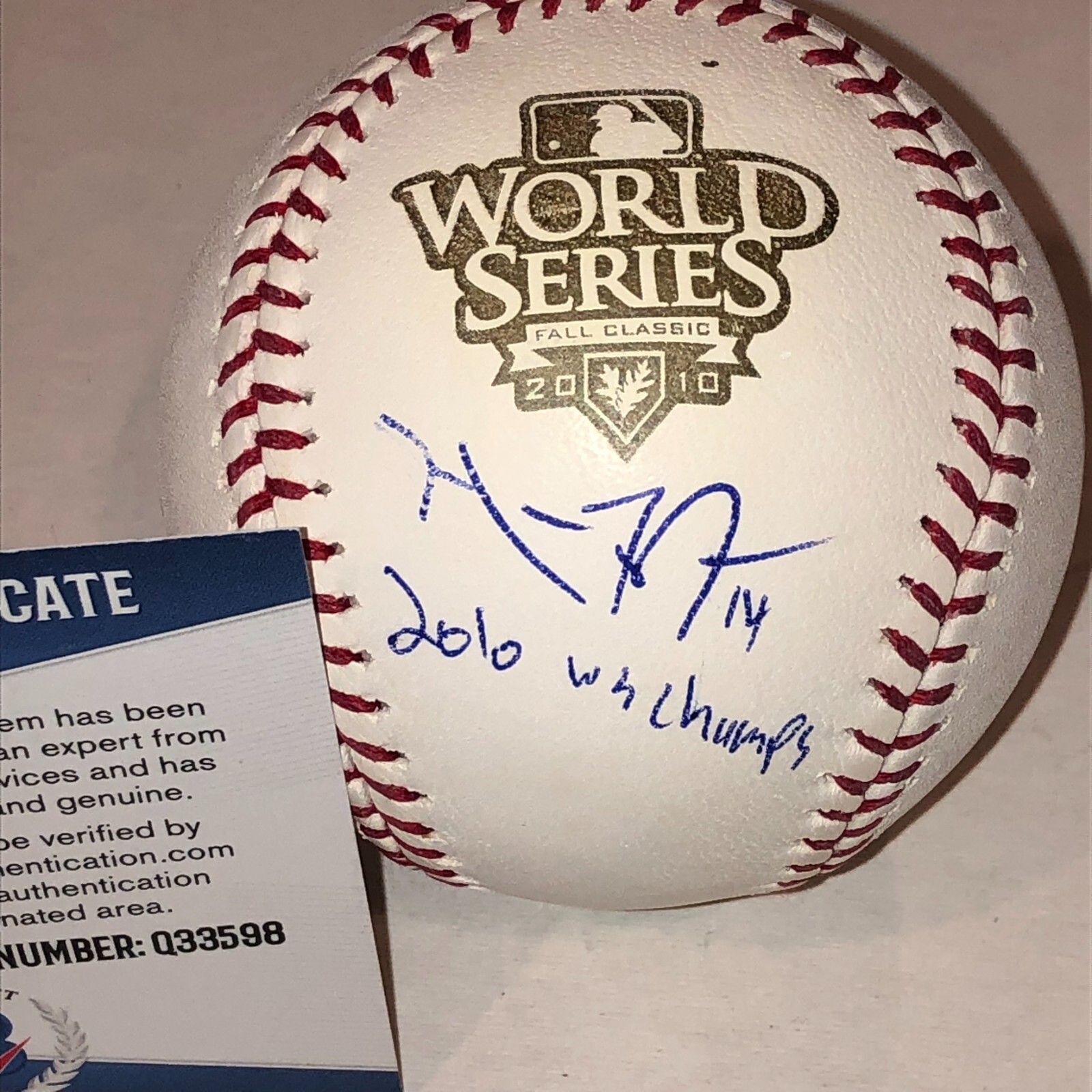 MIKE FONTENOT Signed Official 2010 WORLD SERIES Baseball w/ Beckett COA & Insc