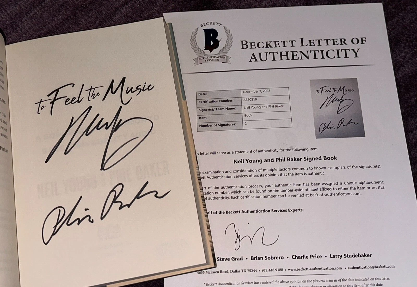 NEIL YOUNG & PHIL BAKER SIGNED TO FEEL THE MUSIC BOOK W/ BECKETT LOA – FIRST ED. COLLECTIBLE MEMORABILIA