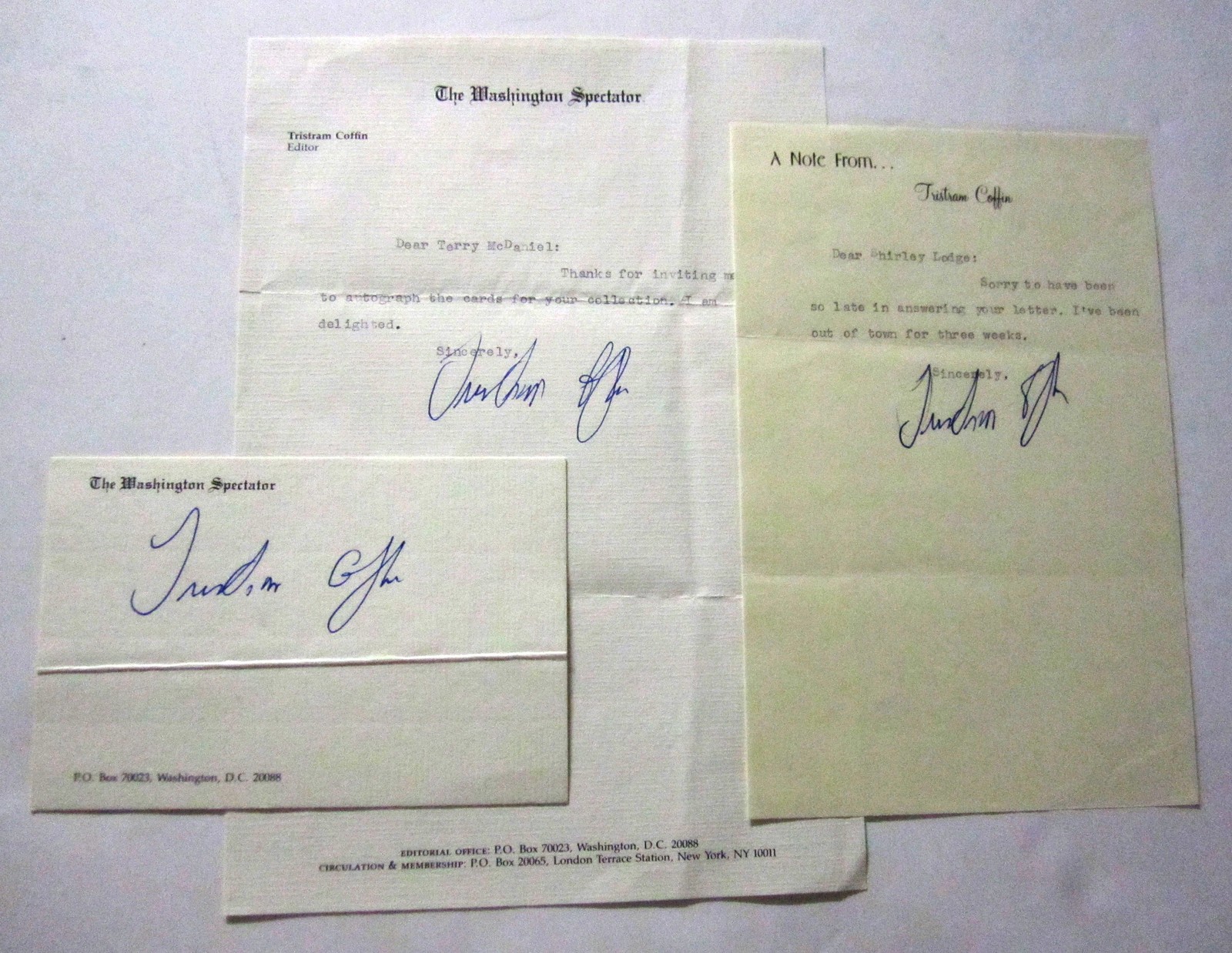 Tristram Coffin journalist set of 3 hand SIGNED items Washington Spectator RARE
