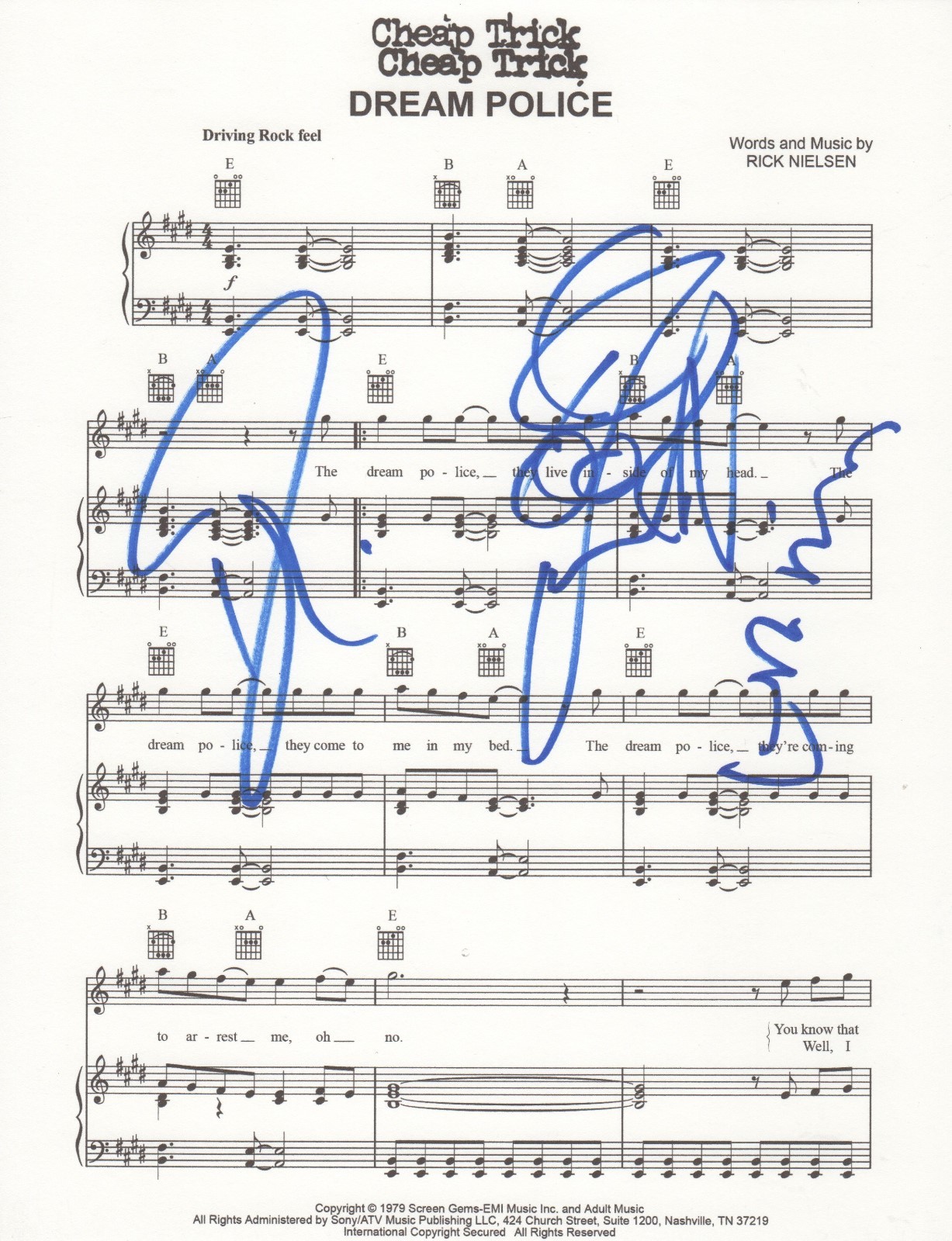 Cheap Trick REAL SIGNED Dream Police sheet music COA Zander Nielsen Petersson
