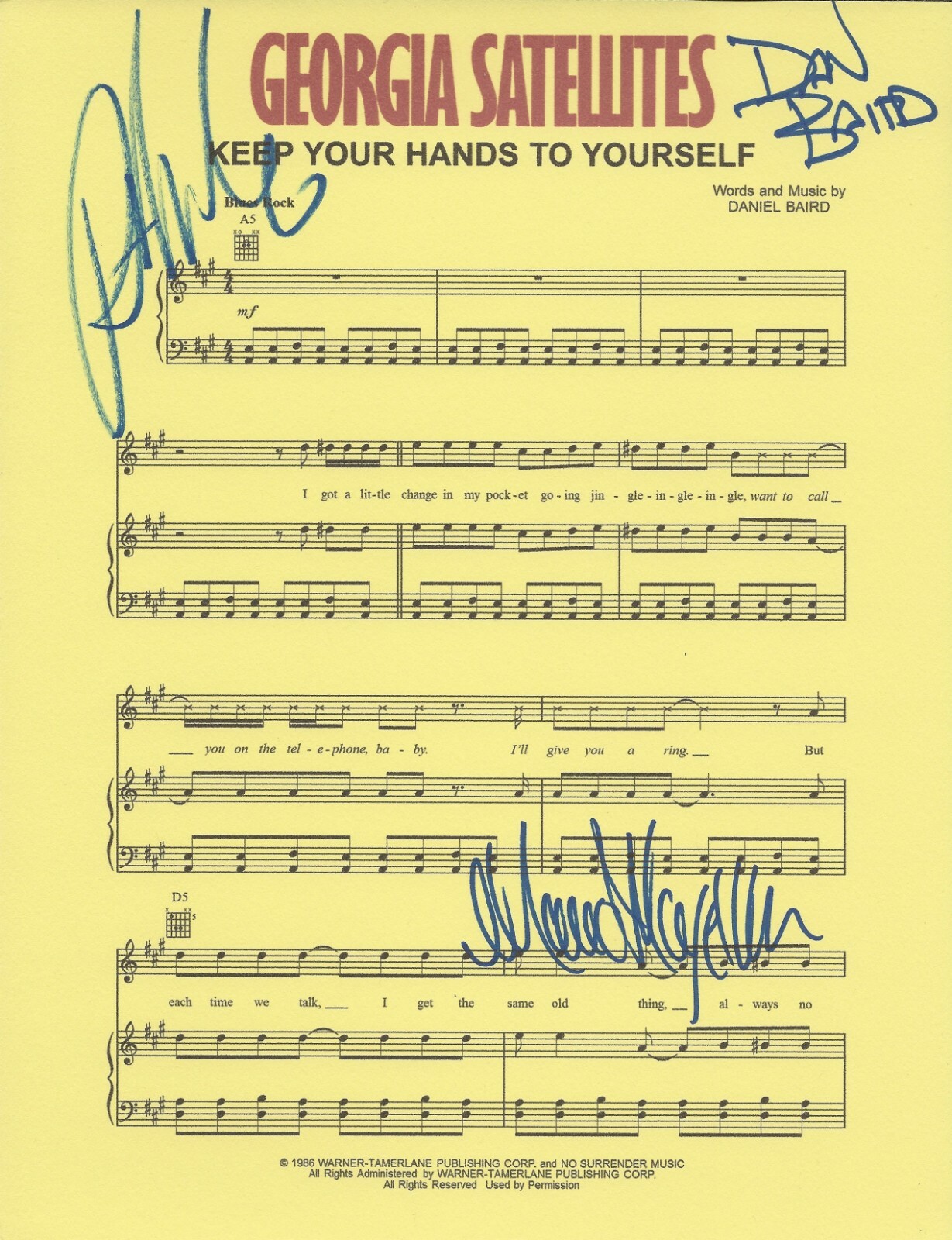 Georgia Satellites SIGNED Keep Your Hands To Yourself sheet music #2 COA 3 orig

