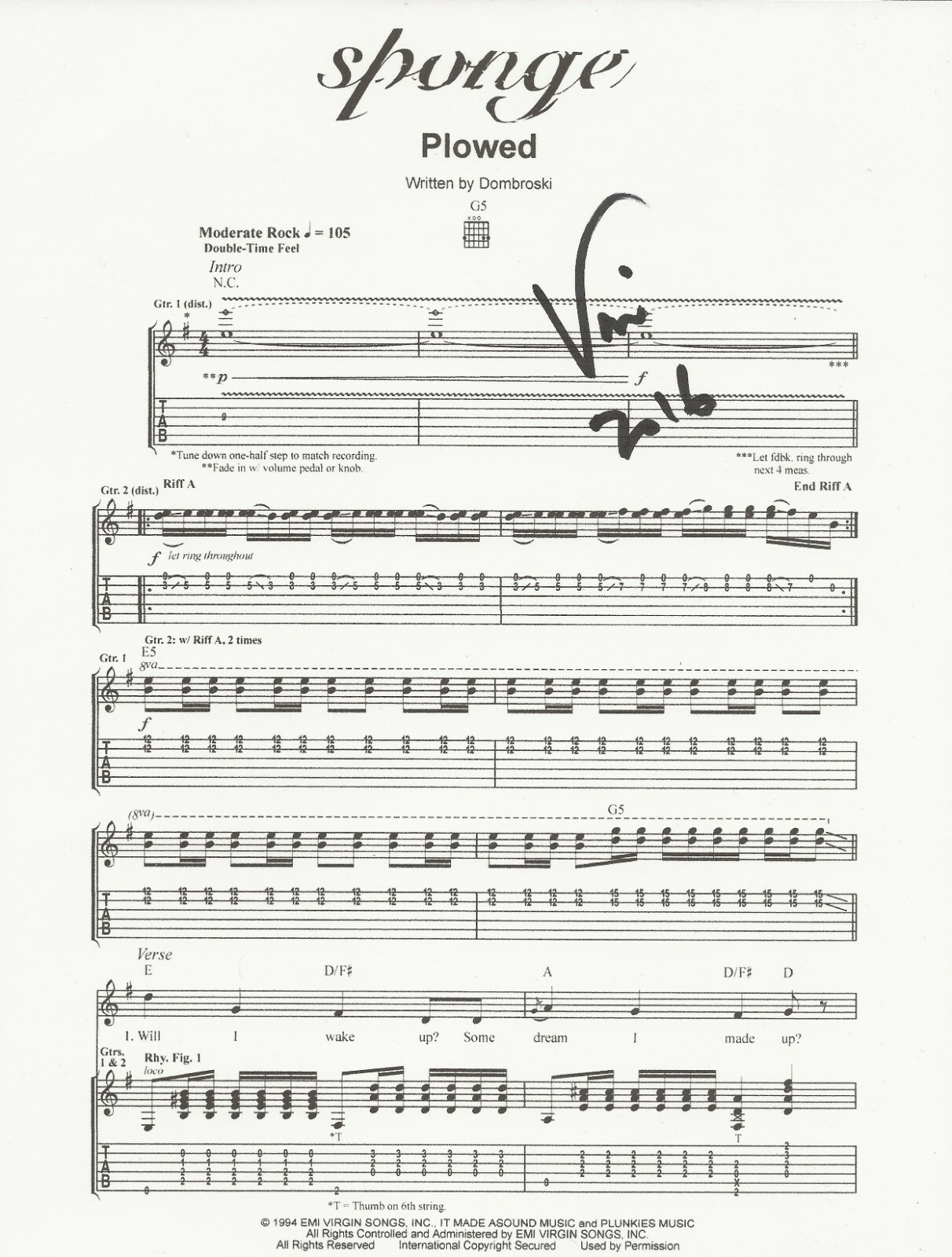 Vinnie Dombroski of Sponge REAL hand SIGNED Plowed Novelty Sheet Music COA
