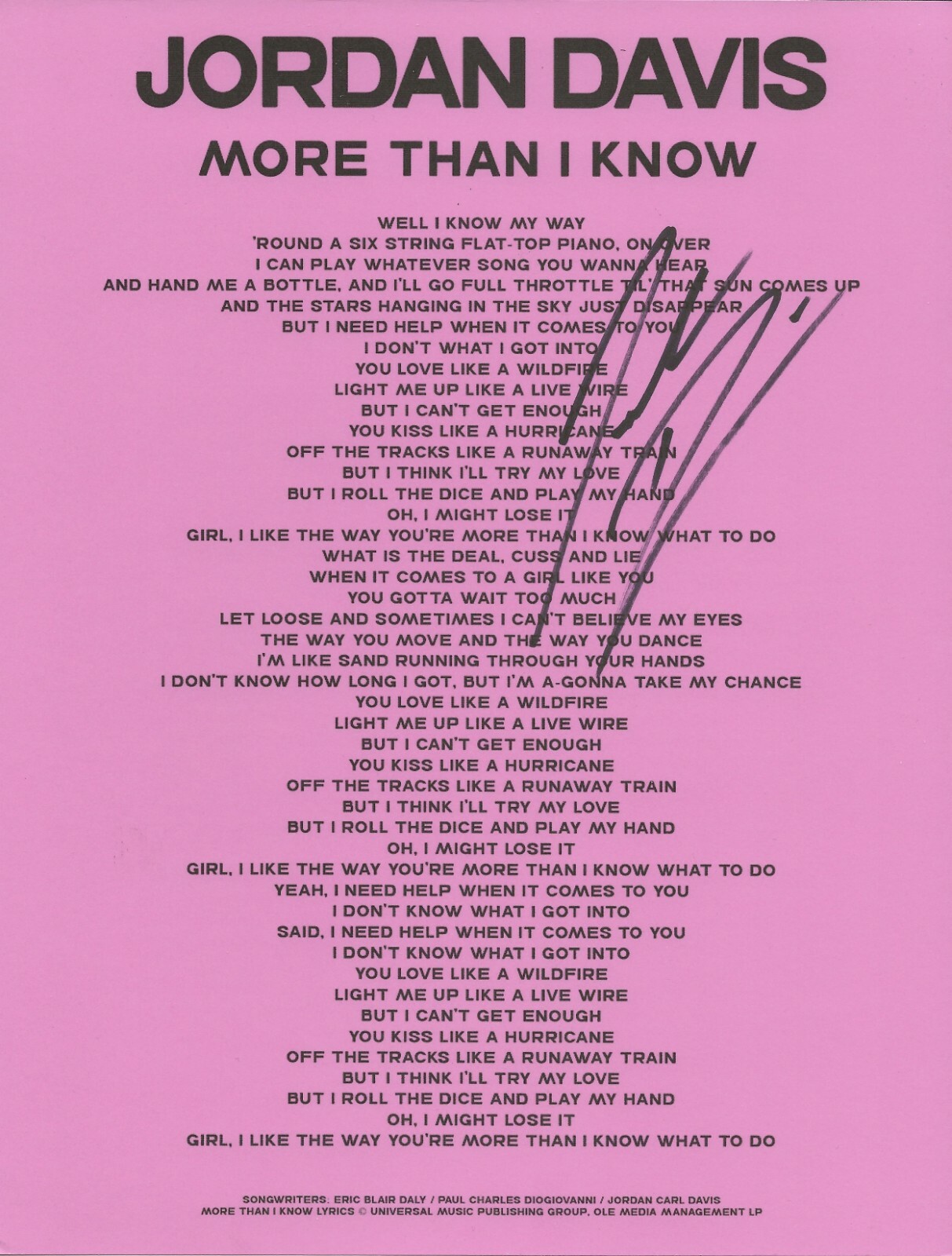Jordan Davis REAL hand SIGNED More Than I Know Lyric Sheet #2 COA Autographed
