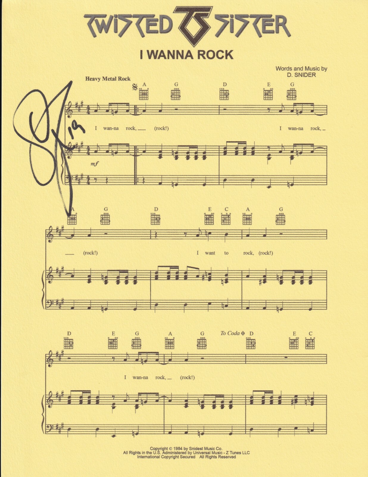 Dee Snider Of Twisted Sister REAL hand SIGNED I Wanna Rock Sheet Music #1 COA
