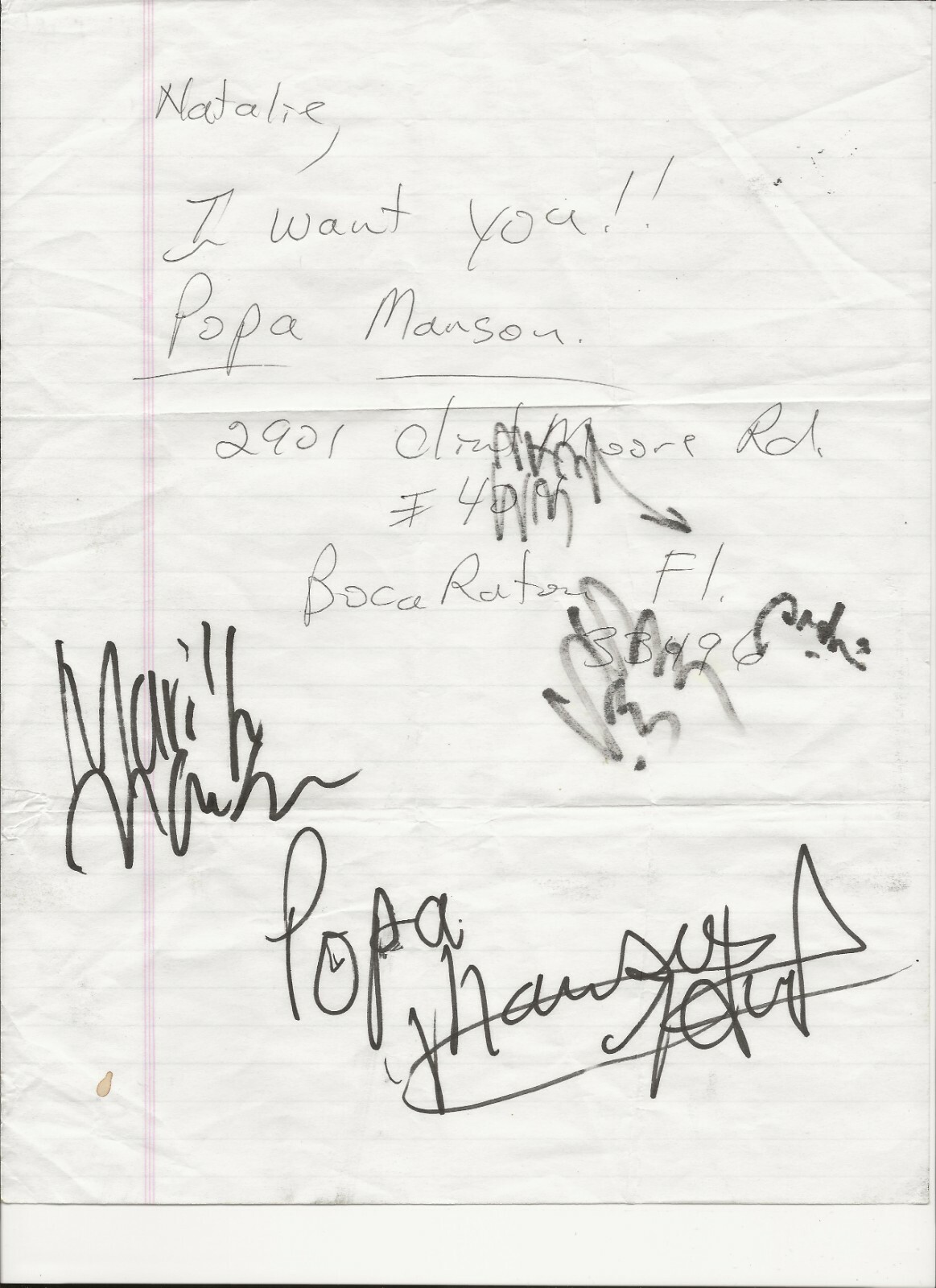 Marilyn Manson + Papa Manson REAL SIGNED Hand Written Letter JSA LOA Gacy Fish +
