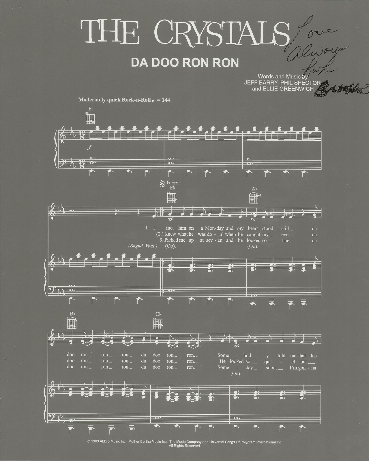 Delores Lala Brooks The Crystals REAL SIGNED Da Doo Run Run Sheet Music COA
