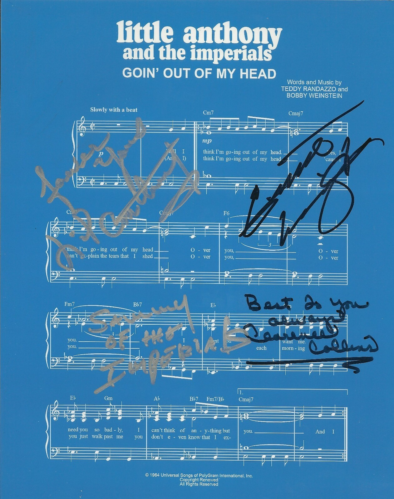 LITTLE ANTHONY & THE IMPERIALS REAL SIGNED GOIN’ OUT OF MY HEAD SHEET MUSIC COA COLLECTIBLE MEMORABILIA