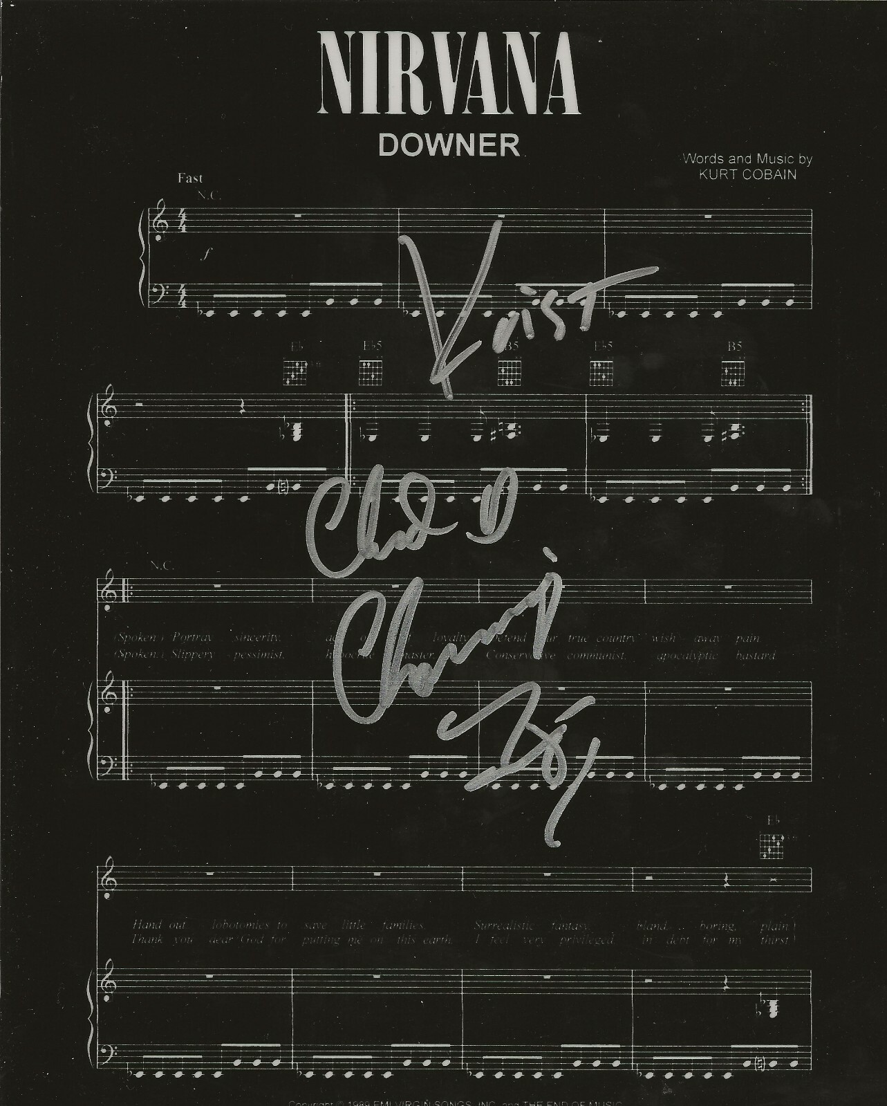 Krist Novoselic & Chad Channing of Nirvana SIGNED Downer Sheet Music COA Bleach
