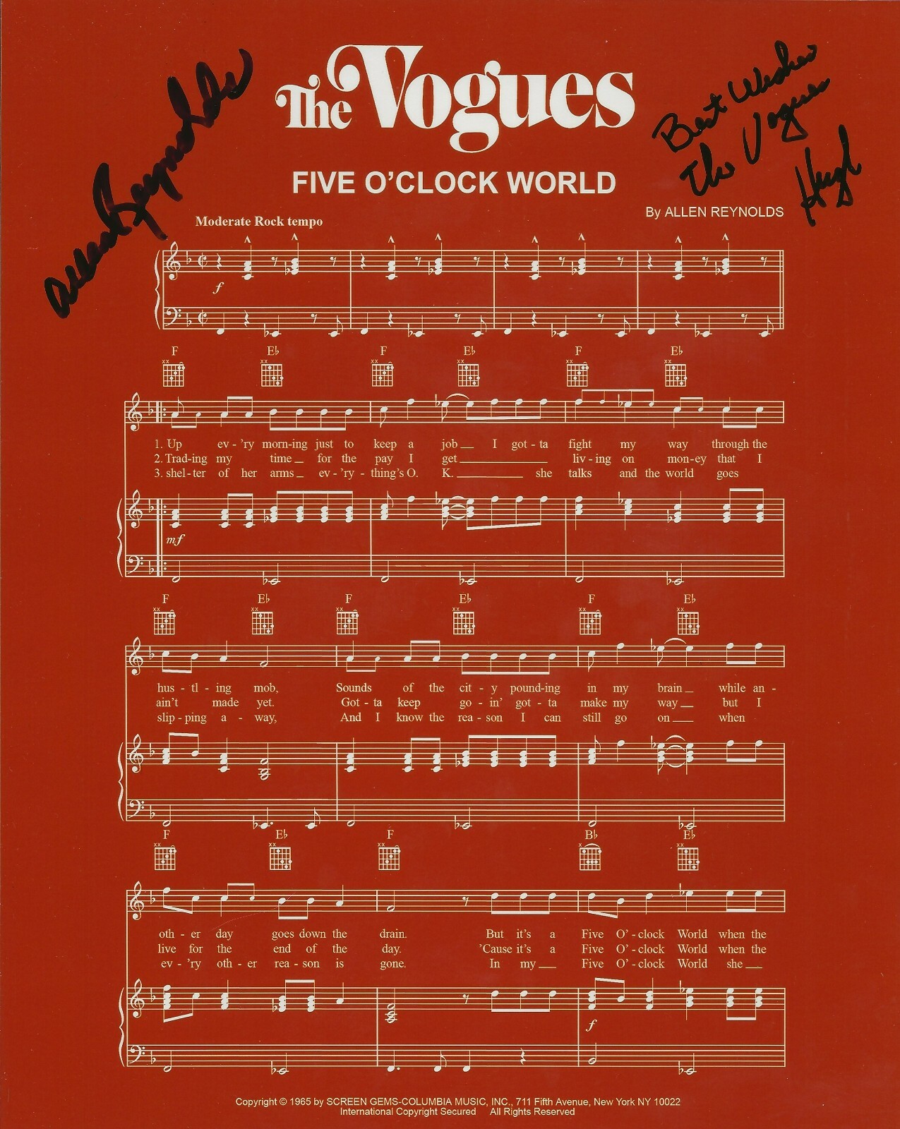 Hugh Geyer & Allen Reynold SIGNED The Vogues Five O'Clock World Sheet Music COA
