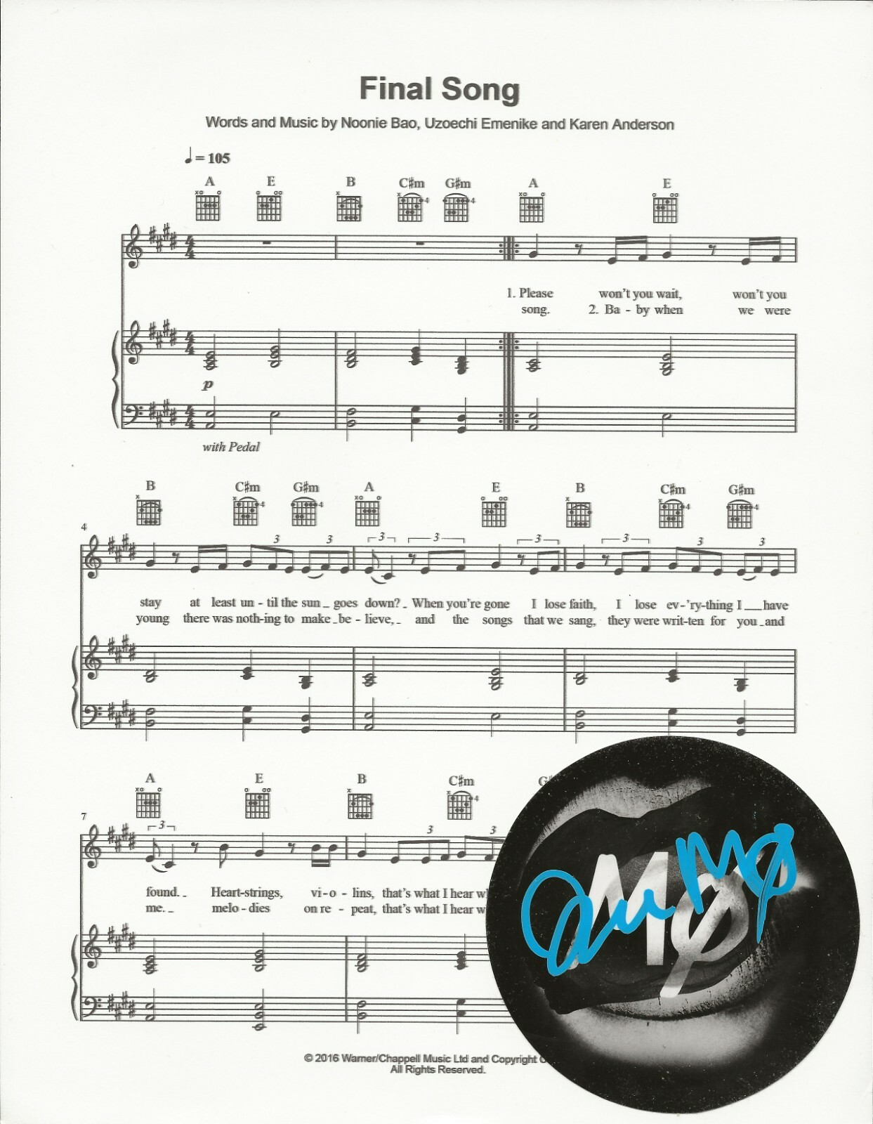 MØ Karen Marie Aagaard Ørsted Andersen SIGNED Final Song sheet music #1 COA MO
