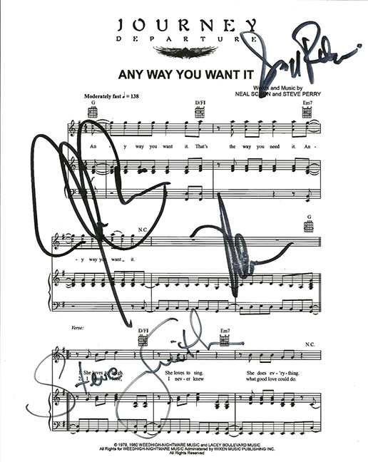 Journey SIGNED Any Way You Want It Sheet Music COA Neal Steve Gregg Jonathan
