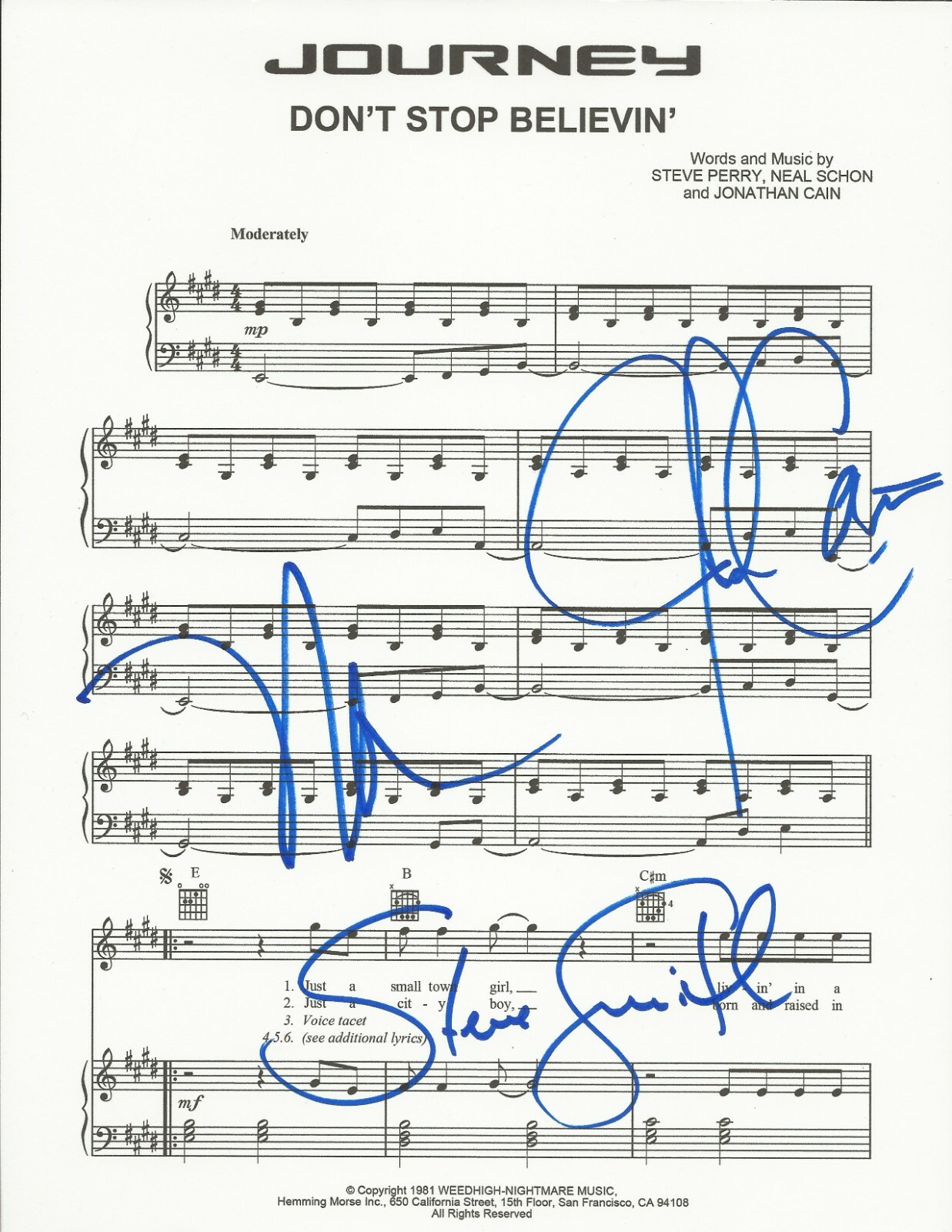 Journey REAL SIGNED Don't Stop Believin' Sheet Music COA Neal Steve Jonathan
