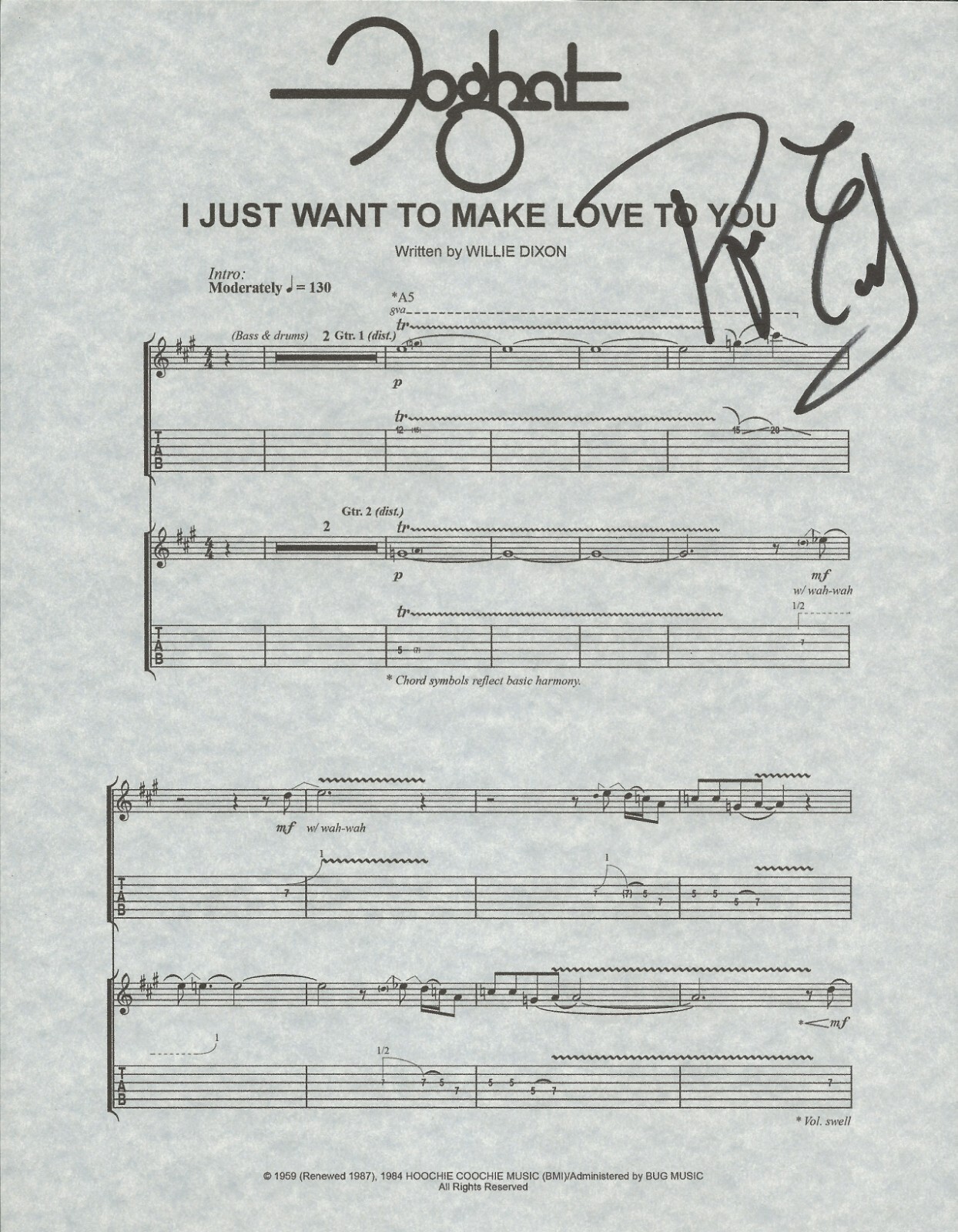 Roger Earl of Foghat SIGNED I Just Wanna Make Love To You Sheet Music #2 COA

