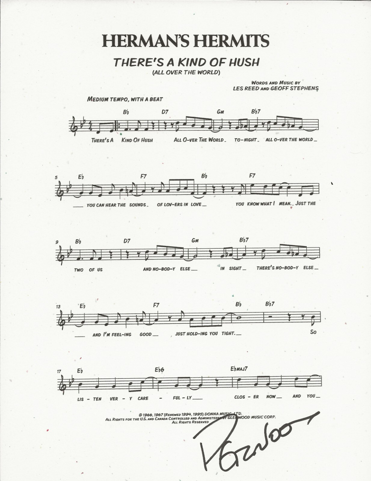 Peter Noone of Herman's Hermits SIGNED There's A Kind Of Hush Sheet Music COA
