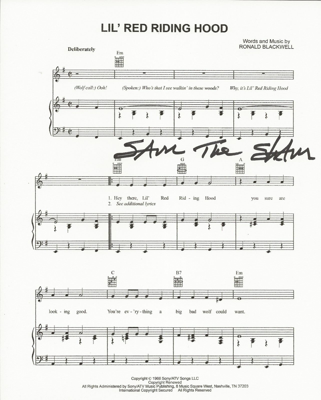 Sam The Sham SIGNED Lil' Red Riding Hood Sheet Music #1 COA Domingo Pharaohs
