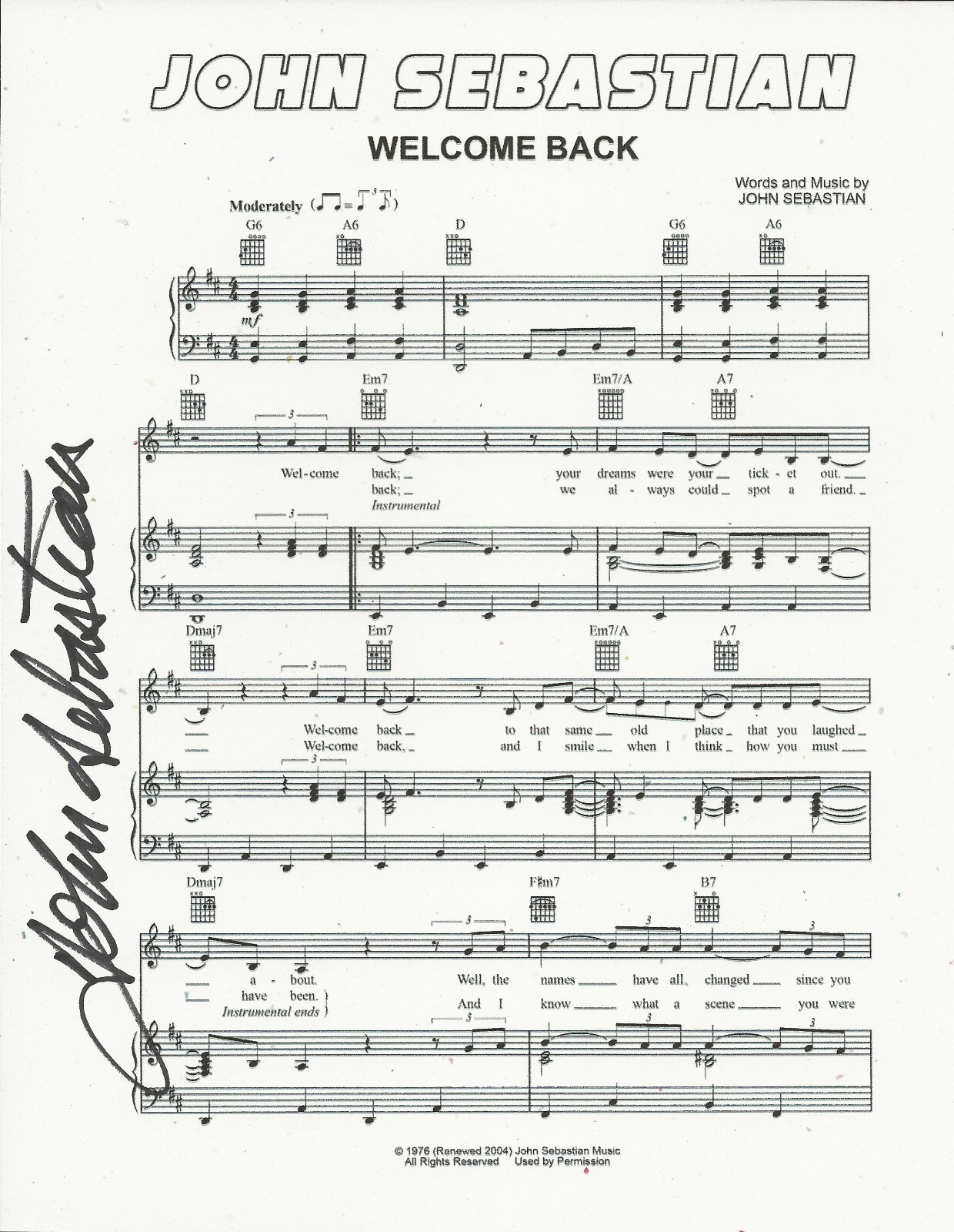 John Sebastian SIGNED Welcome Back Sheet Music COA Autographed Lovin' Spoonful B
