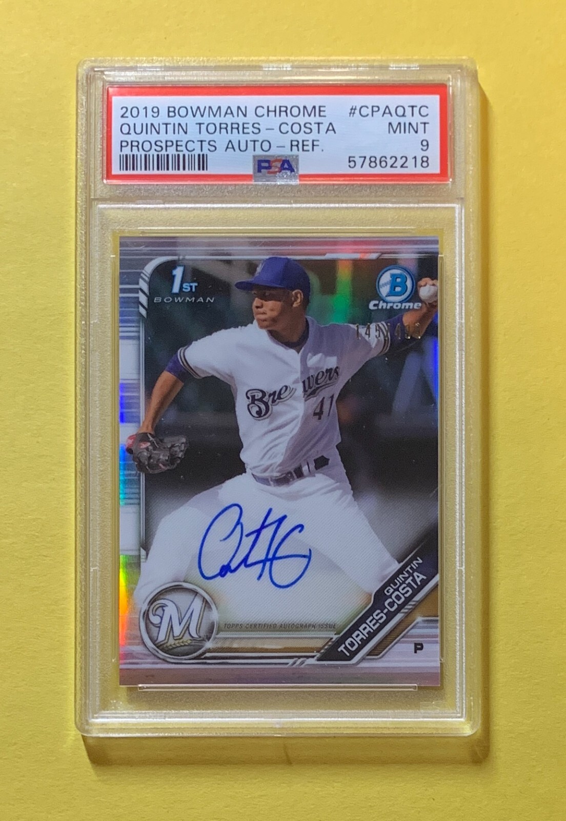 2020 BOWMAN CHROME QUINTIN TORRES-COSTA REFRACTOR AUTO /499 #CPAQTC PSA MINT 9