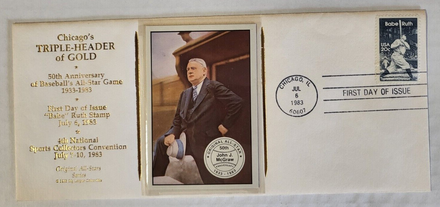 CHICAGO'S TRIPLE-HEADER OF GOLD CACHET FIRST DAY ISSUE BABE RUTH JOHN J. MCGRAW