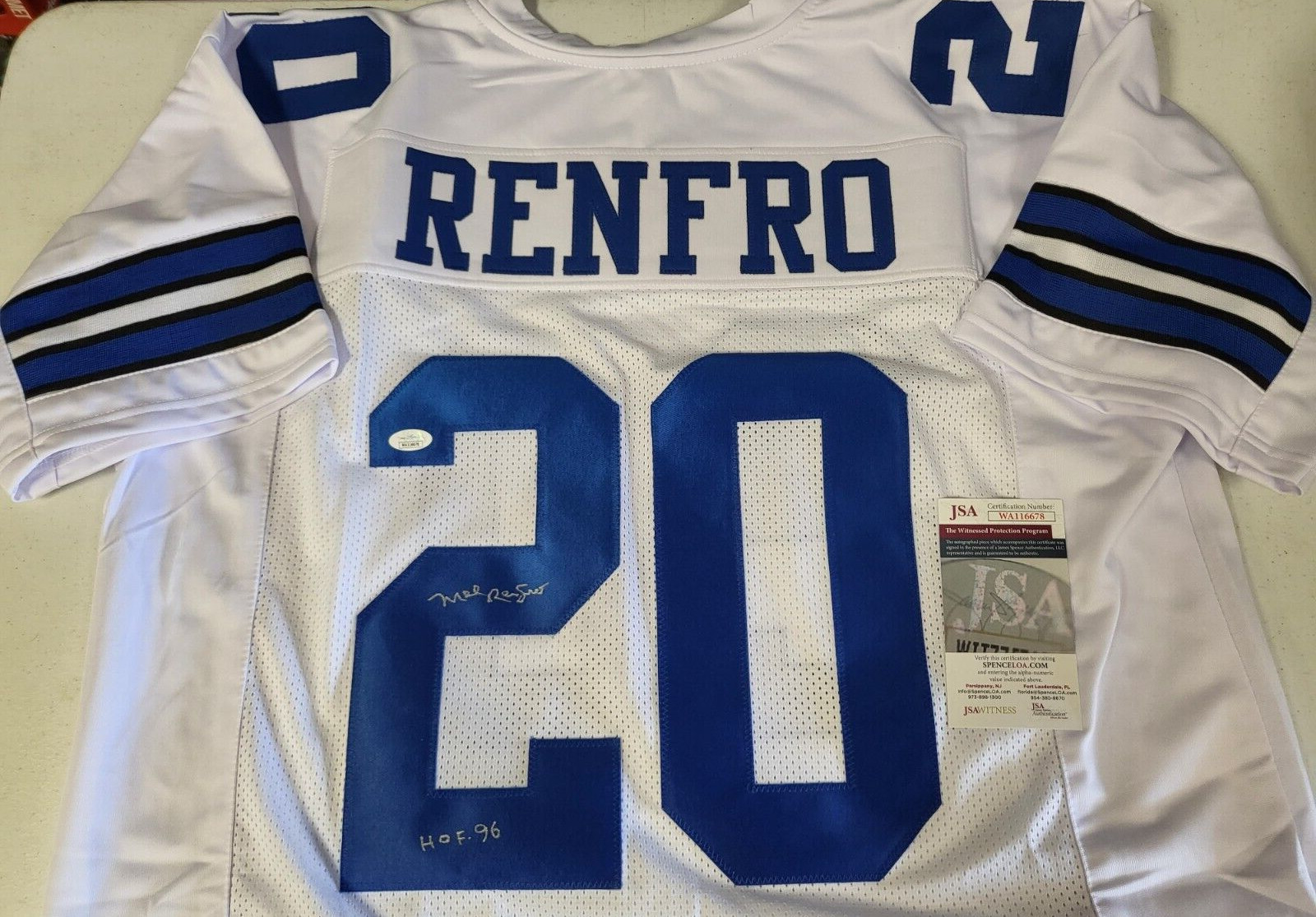 MEL RENFRO DALLAS #20 SIGNED AUTOGRAPHED WHITE CUSTOM JERSEY SIZE XL JSA AUTH